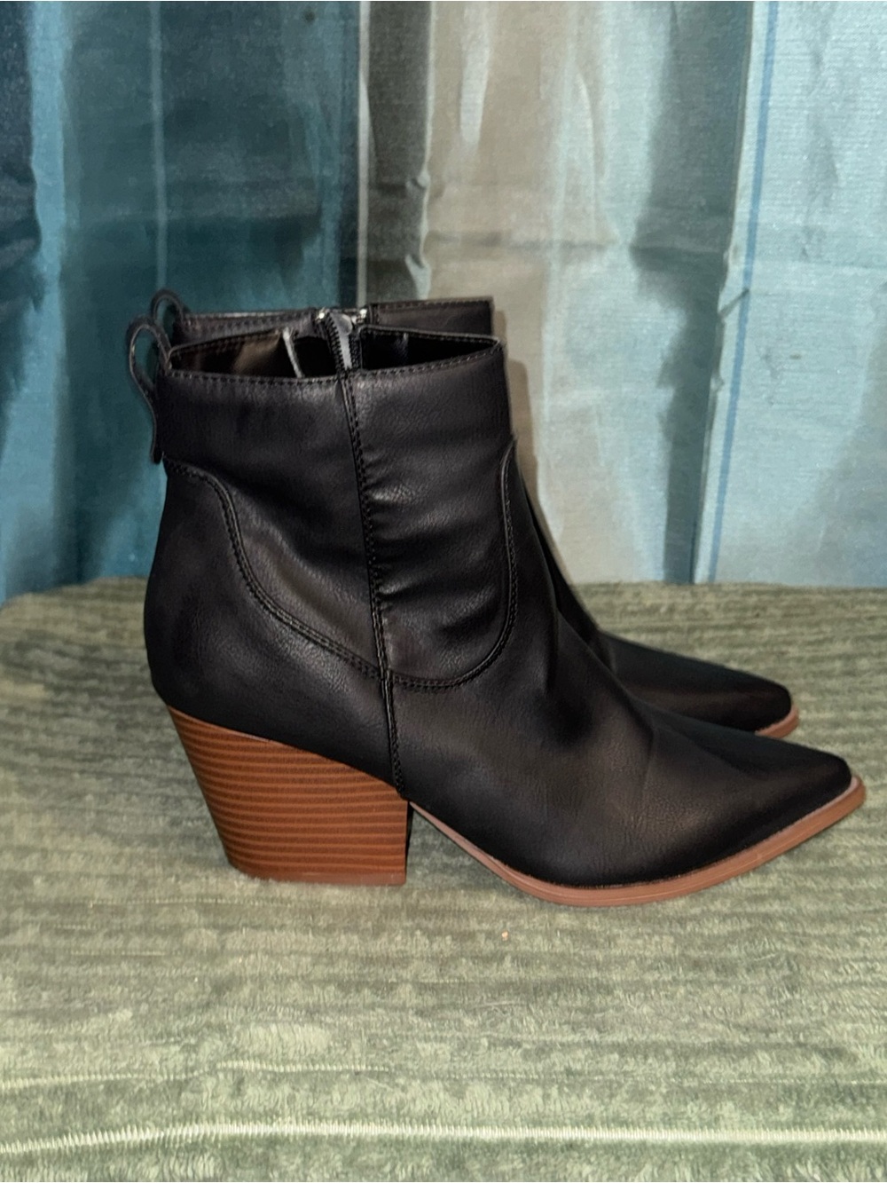 Qupid Black Pointed Toe Ankle Boots with Stacked Brown Heel